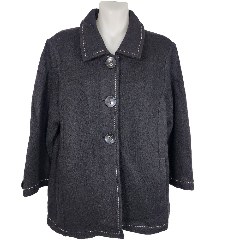 Emma James Womens Boiled Wool Jacket Size Medium Black Button Front 3/4 Sleeve